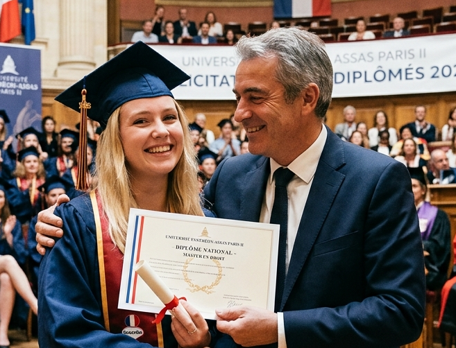 père aimant entourant sa fille à l'occasion de sa remise de diplome